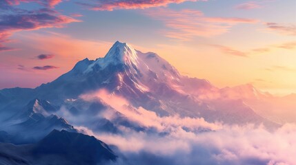 Alpenglow on Snow-Capped Mountain Peak During Picturesque Sunrise