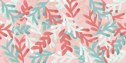 Abstract spring colorful hand-drawn doodle design with branches, leaves on pink background. Bright red, pink and blue vector illustration for cards, business, banners, textile, wallpaper
