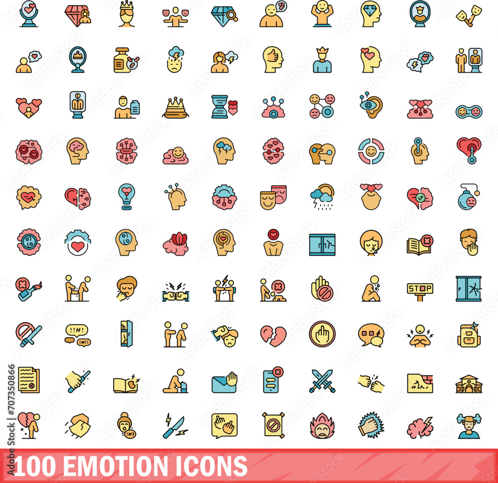 Poster 100 emotion icons set. color line set of emotion vector icons thin line color flat on white