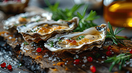 group of oysters on the half shell with garnish on rustic wood board  - obrazy, fototapety, plakaty