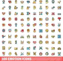 100 emotion icons set. Color line set of emotion vector icons thin line color flat on white
