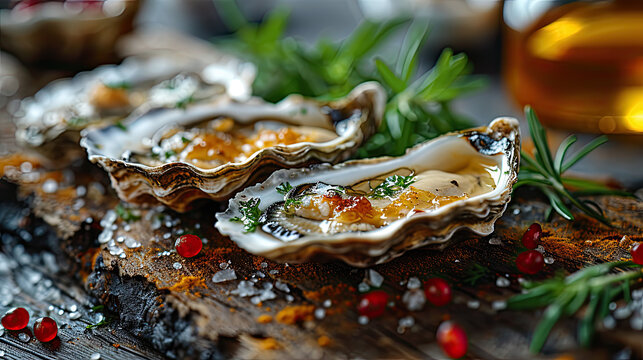 group of oysters on the half shell with garnish on rustic wood board 