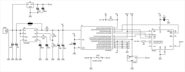 Fototapeta premium Technical schematic diagram of electronic device. Vector drawing electrical circuit with micro controller, integrated circuit, capacitor, resistor, connector, other electronic components.