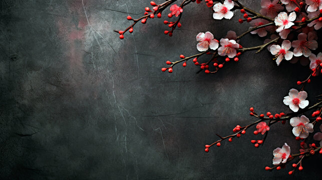 Blooming sakura branch on a dark background. Banner with a place for text, greeting card.