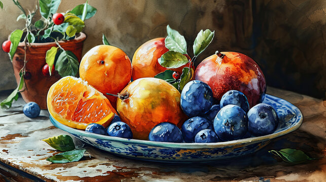 watercolor painting of a platter of different fruits  