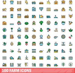 100 farm icons set. Color line set of farm vector icons thin line color flat on white