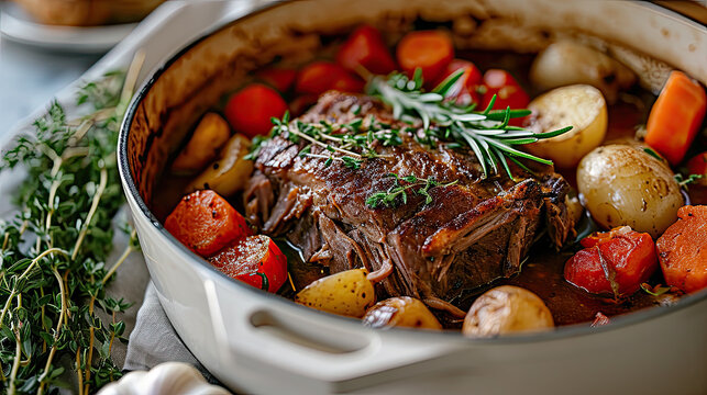 perfectly cooked pot roast surrounded by potatoes and garnished with herbs