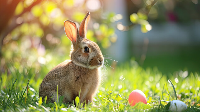 cute bunny rabbit sitting in grass with colored Easter eggs in beautiful spring sunlight 