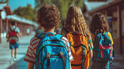 school kids wearing backpacks facing away from camera on school grounds