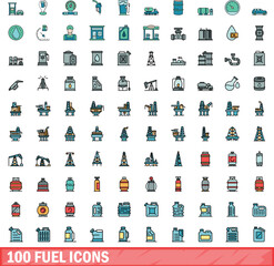 100 fuel icons set. Color line set of fuel vector icons thin line color flat on white