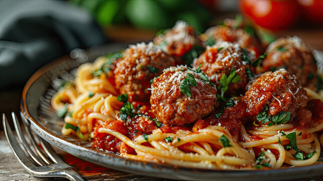 plate of spaghetti and meatballs sprinkled with cheese and garnish 
