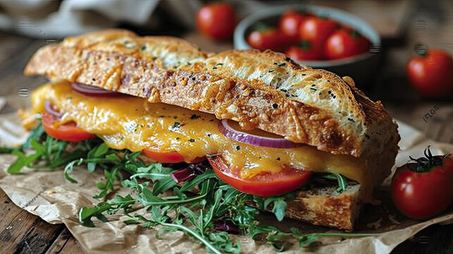 footlong sub cheese and tomato and lettuce on rustic wood cutting board with garnish 