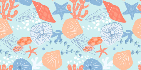 Seamless pattern with seabed. Abstract silhouettes of shells, jellyfish, starfish, algae. Vector graphics.