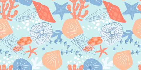 Seamless pattern with seabed. Abstract silhouettes of shells, jellyfish, starfish, algae. Vector graphics.