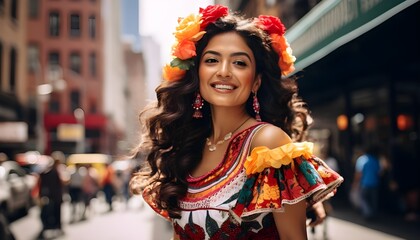 25-year-old mexican woman in traditional dress celebrating cinco de mayo in the United States

