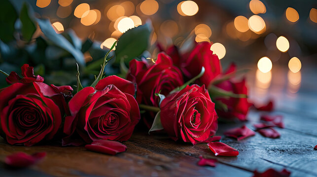 valentines day with red roses and romantic lighting banner with copy space