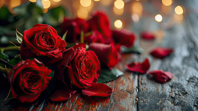 valentines day with red roses and romantic lighting banner with copy space