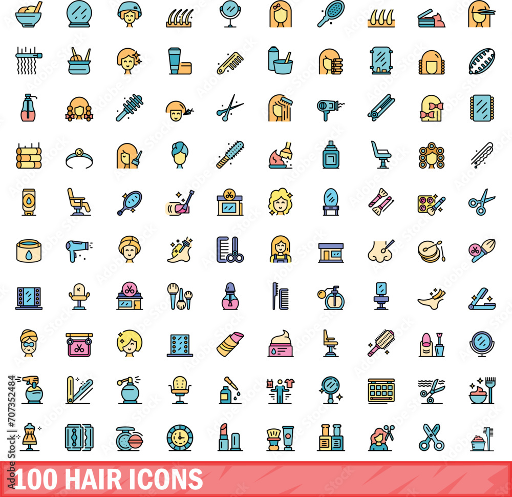 Wall mural 100 hair icons set. color line set of hair vector icons thin line color flat on white - Wall murals