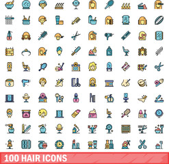 100 hair icons set. Color line set of hair vector icons thin line color flat on white