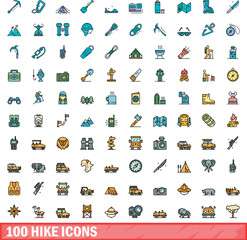 100 hike icons set. Color line set of hike vector icons thin line color flat on white