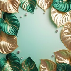 Fototapeta na wymiar Deep Green and Gold Caladium Leaf Border on Pastel Green Background, with Gem Accents