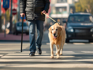 A guide dog of the Labrador Retriever breed helps a blind man on the street in the city