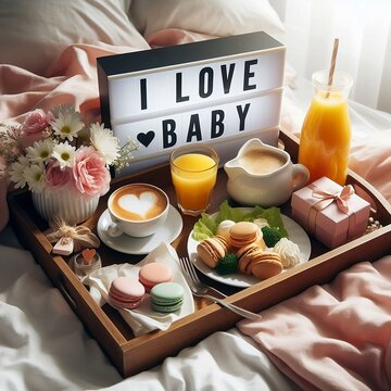Romantic Breakfast in bed with I love you baby text on lighted box. Cup of coffee, juice, macaroons, flower and gift box on wooden tray. Birthday, Valentine's day morning created with generative ai