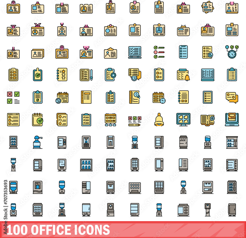 Wall mural 100 office icons set. color line set of office vector icons thin line color flat on white