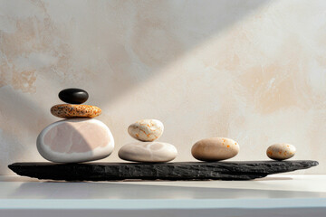pebbles balancing on black plank 