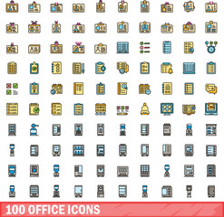 100 office icons set. Color line set of office vector icons thin line color flat on white