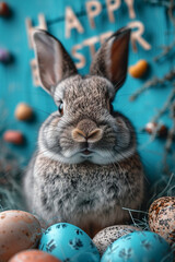 Fototapeta na wymiar easter poster. egg, rabbit, candy. AI generative
