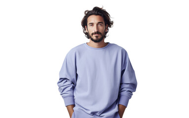 A man wearing a periwinkle dolman sleeve shirt isolated on transparent background.