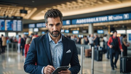 businessman talking on phone at airport terminal