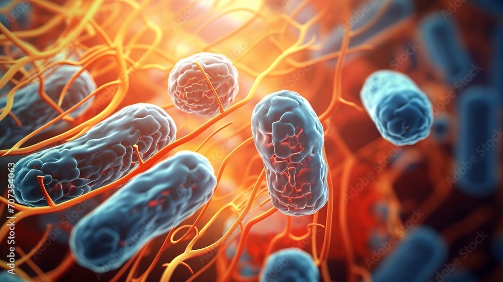 Poster detailed microscopic view of mitochondria in a cell environment. this image can be used for medical 