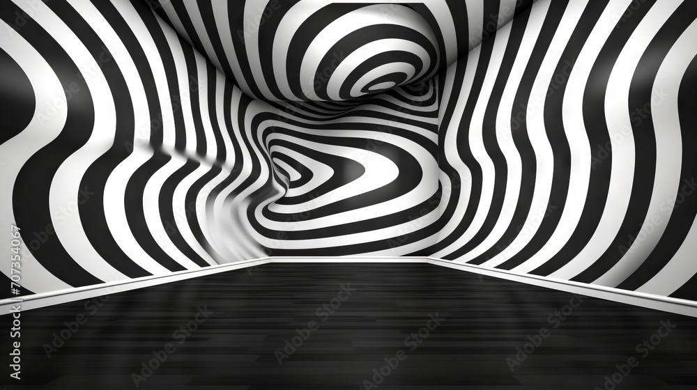 Poster room covered in a black and white spiral pattern, creating an optical illusion. interior. ideal for 