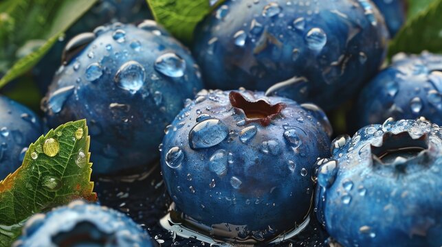  a close up of a bunch of blueberries with drops of water on them and a green leaf on top of the blueberries is covered in drops of water.