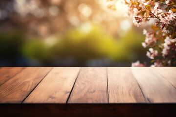 Empty wooden table top, texture board, on a blurred background of an flower garden