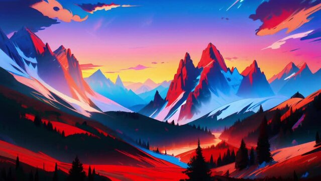 Aerial view of beautiful mountains at sunset. Loopable. AI generated