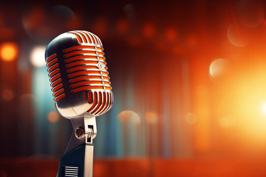 illustration features a classic vintage microphone bathed in warm stage lights, ready to capture your voice. Ideal for music, entertainment, theater, or storytelling projects.
