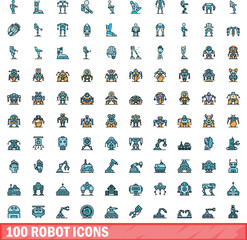 100 robot icons set. Color line set of robot vector icons thin line color flat on white
