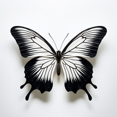 Beautiful black and white tropical butterfly with wings spread in flight isolated on white background, close-up macro.