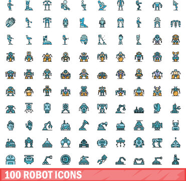 100 robot icons set. Color line set of robot vector icons thin line color flat on white