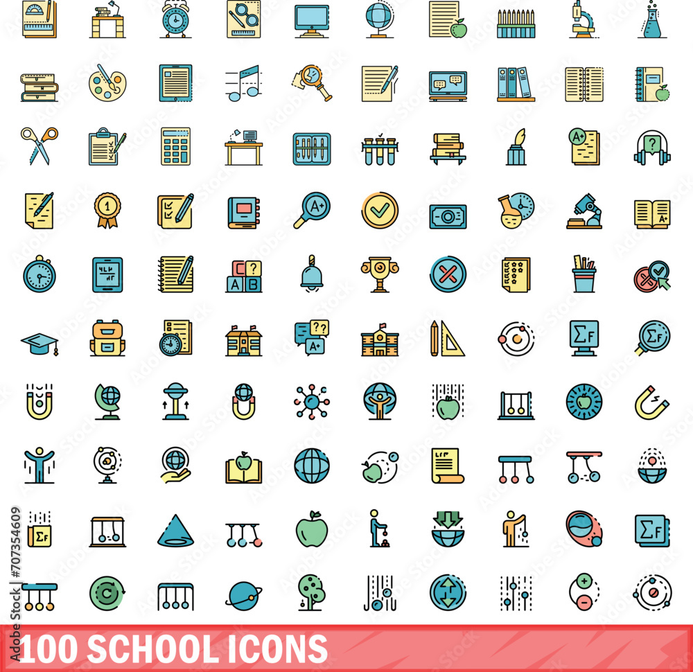 Wall mural 100 school icons set. color line set of school vector icons thin line color flat on white - Wall murals