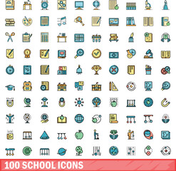 100 school icons set. Color line set of school vector icons thin line color flat on white
