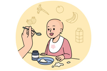 Cute baby getting feed by mom at home. Smiling toddler try new different food. Children eating habit. Vector illustration.
