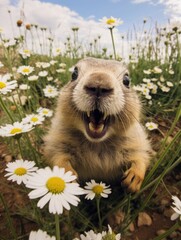 Cute alpine marmot, groundhog standing on its paws. screams and whistling after ibernation on springtime. Groundhog day