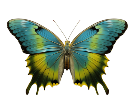 Blue and yellow butterfly with shadow isolated on white background