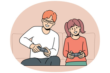 Smiling young father and daughter have fun playing video games together at home. Happy dad and little girl child enjoy computer gaming on weekend. Vector illustration.