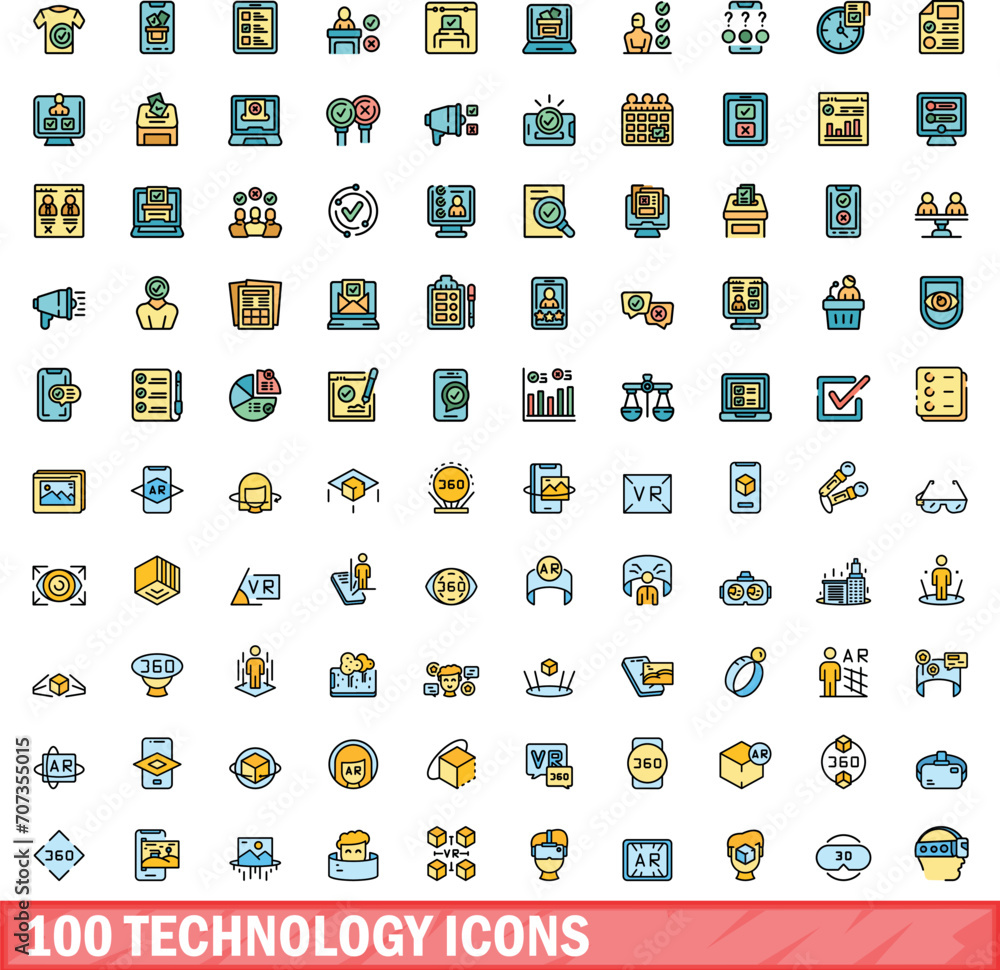 Poster 100 technology icons set. color line set of technology vector icons thin line color flat on white
