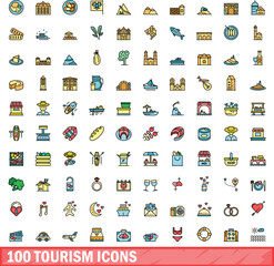 100 tourism icons set. Color line set of tourism vector icons thin line color flat on white